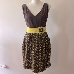 Baraschi Anthropologie woman’s brown & yellow dress, sleeveless, fabric…